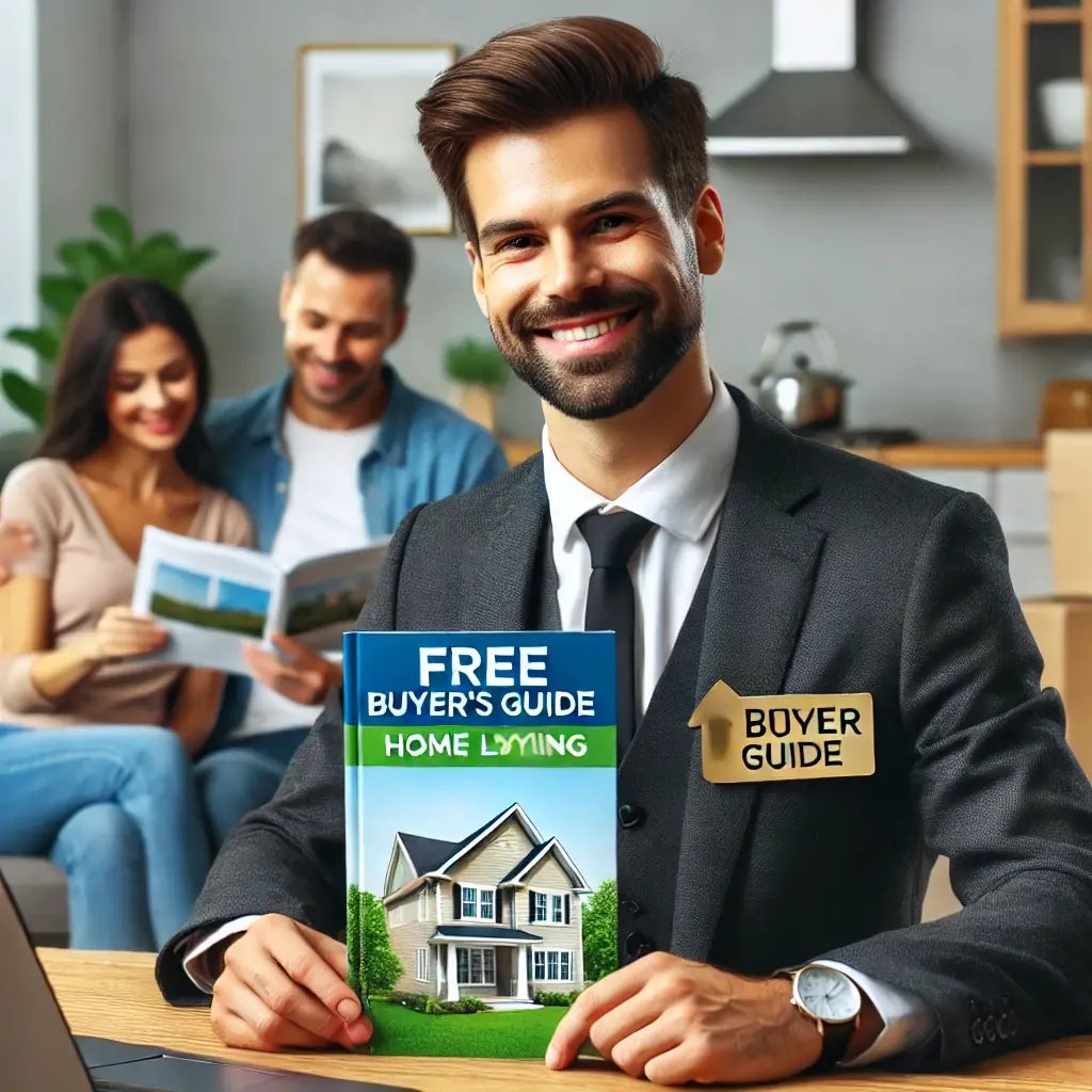 DALL·E 2025-03-17 09.23.29 - A professional real estate agent sitting at a modern desk, holding a Free Buyers Guide booklet and smiling confidently. In the background, a happy 