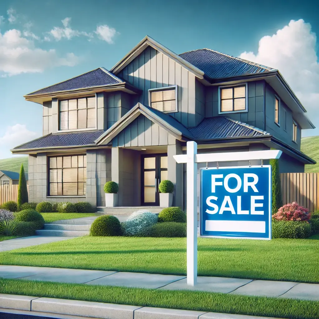 DALL·E 2025-03-15 17.40.13 - A modern suburban home with a For Sale sign in the front yard. The house has a welcoming entrance, large windows, and a well-manicured lawn. The bac