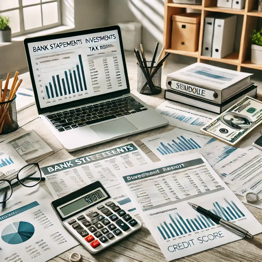 DALL·E 2025-03-15 17.47.17 - A modern desk with neatly organized financial documents, including bank statements, investment reports, tax returns, and a credit score report. A lapt