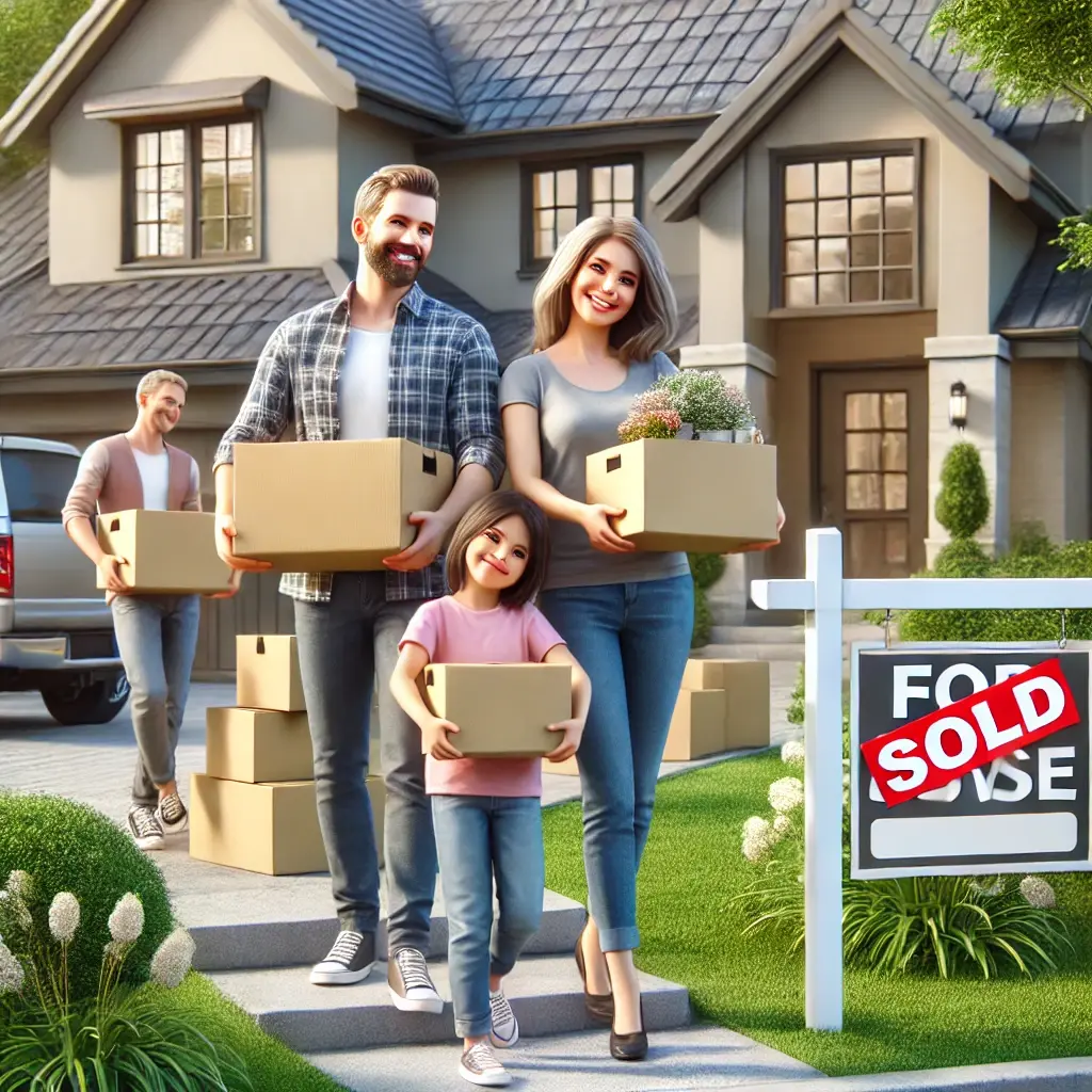 DALL·E 2025-03-15 18.01.17 - A realistic photo of a happy family moving into their new home, carrying boxes and smiling. The scene takes place in front of a modern suburban house 