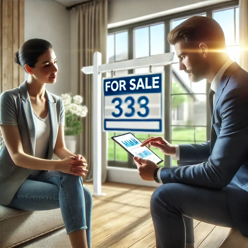 DALL·E 2025-03-15 19.29.11 - A realistic photo of a real estate agent consulting with a homeowner in a modern living room. The agent is showing market data on a tablet while the h