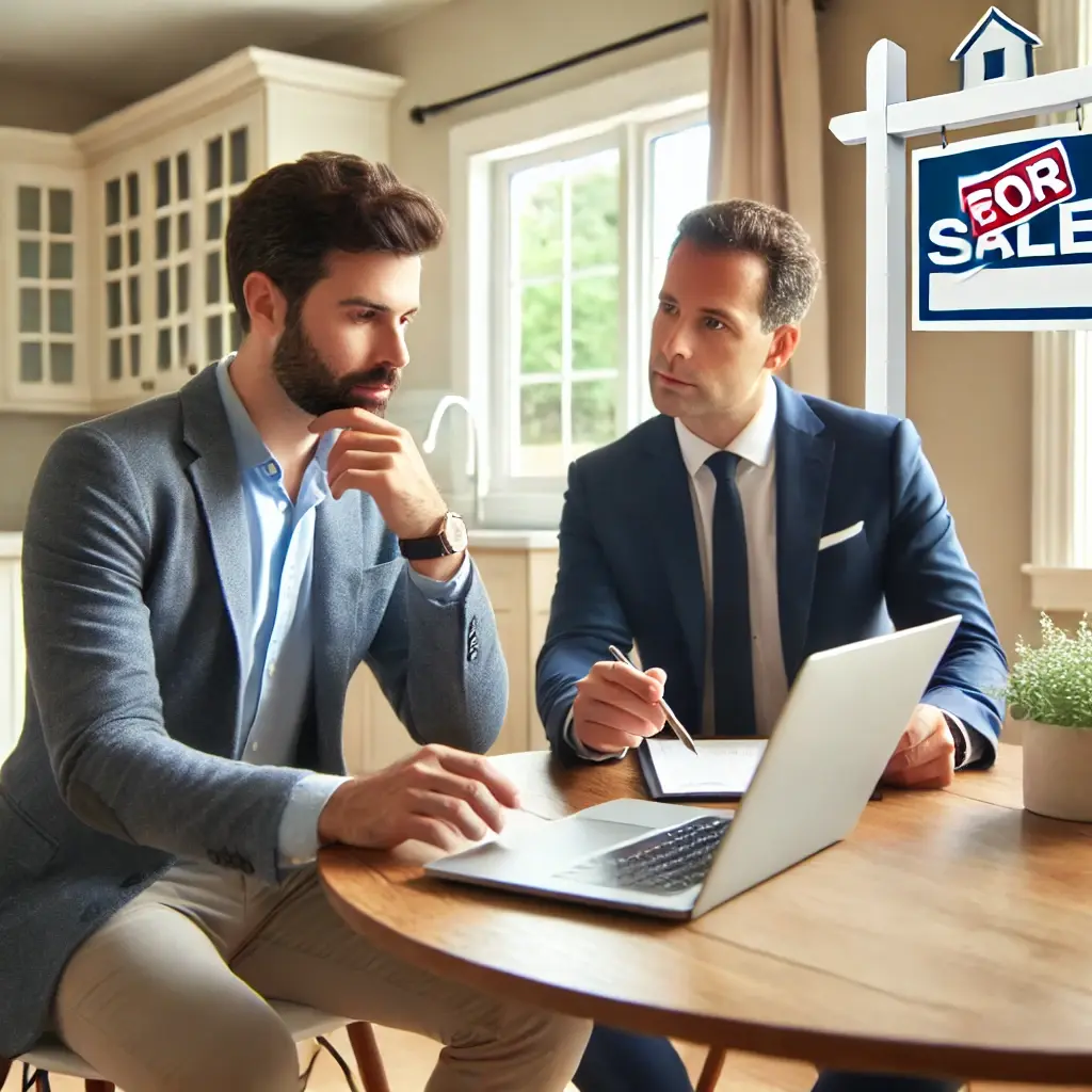 DALL·E 2025-03-15 19.32.27 - A professional real estate agent sitting with a homeowner at a modern kitchen table, reviewing a home valuation report on a laptop. The homeowner look