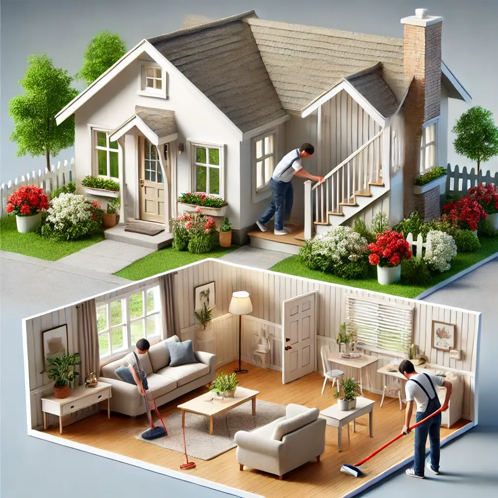 DALL·E 2025-03-15 19.34.21 - A realistic photo of a homeowner preparing their house for sale. They are tidying up the front yard, adding fresh flowers, and cleaning the entryway t
