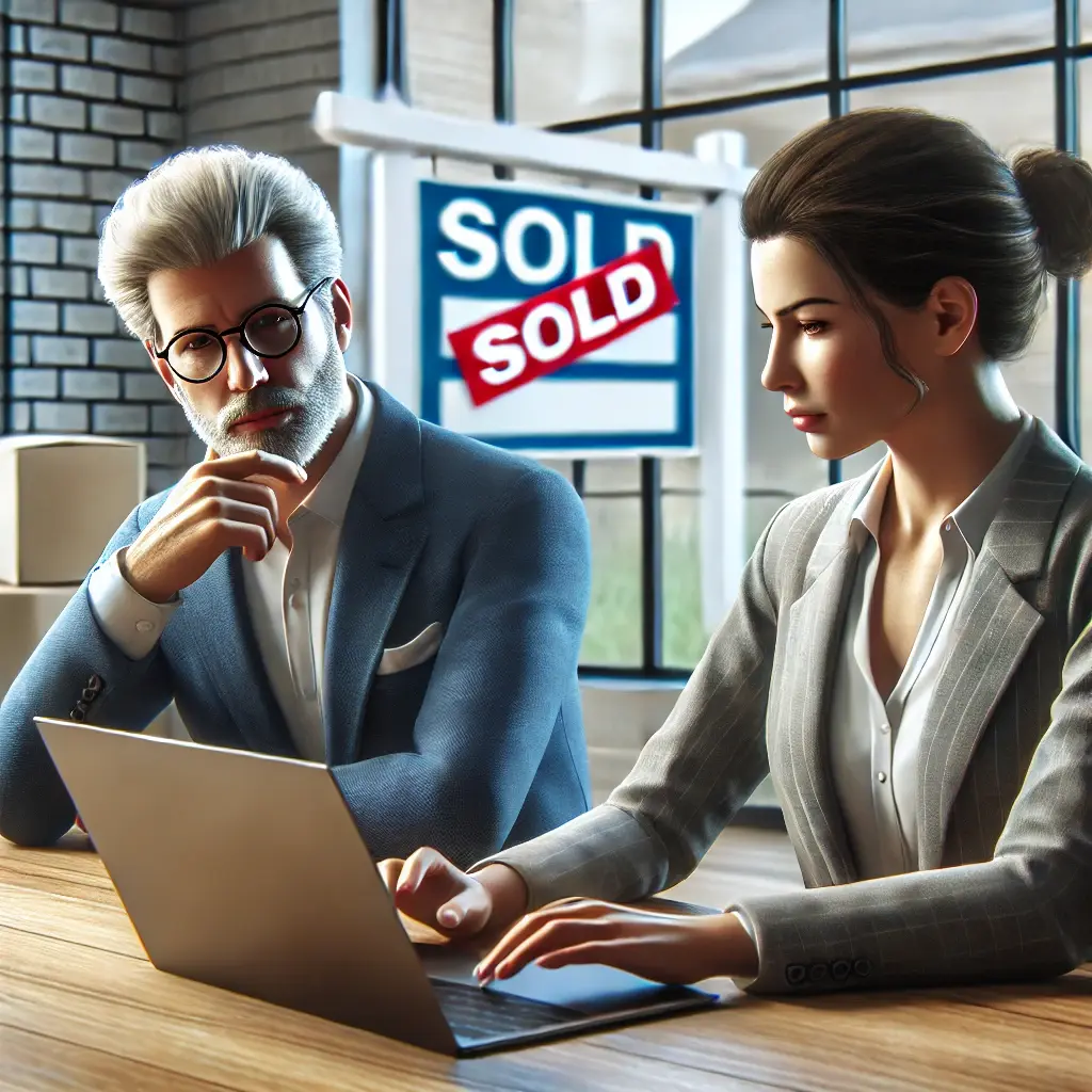 DALL·E 2025-03-15 19.37.00 - A realistic photo of a real estate agent and a homeowner sitting at a table, reviewing multiple offers on a laptop. The homeowner looks thoughtful as 