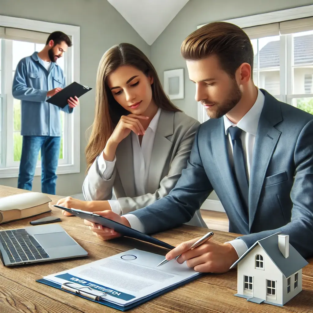DALL·E 2025-03-15 19.39.40 - A realistic photo of a real estate agent and a homeowner reviewing home inspection and appraisal reports at a desk. The agent is pointing to a documen