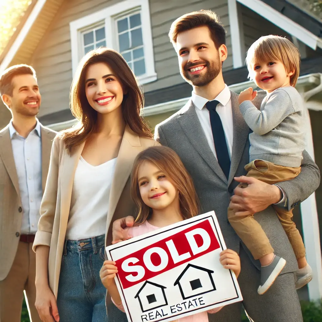 DALL·E 2025-03-15 19.44.18 - A realistic photo of a happy family standing in front of their home with a real estate agent. The family is holding a Sold sign, symbolizing the suc